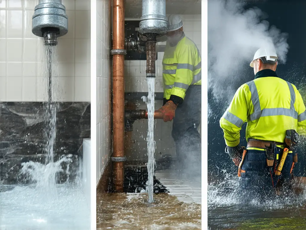 Collage de tres escenas de fontanería con tuberías reventadas, agua desbordada e industriales con chaleco reflectante trabajando en un desatasco grave e inundación