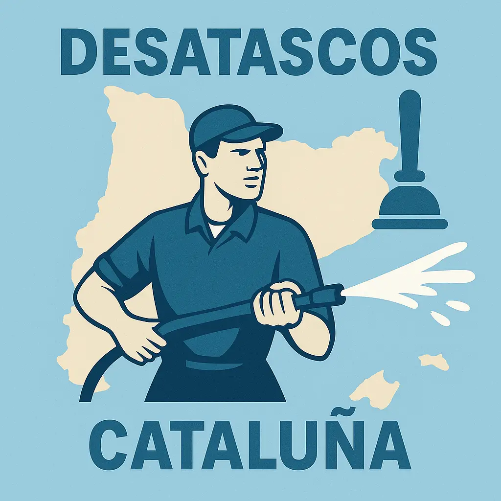 Ilustración de un técnico de desatascos usando una manguera de alta presión delante de un mapa de Cataluña con el texto “Desatascos Cataluña”