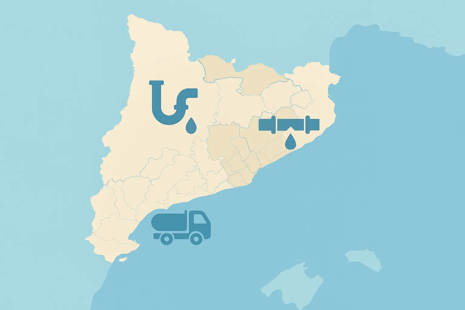 Mapa ilustrado de Cataluña con iconos de camión cuba y tuberías que representan el servicio de desatascos en distintas zonas de la región