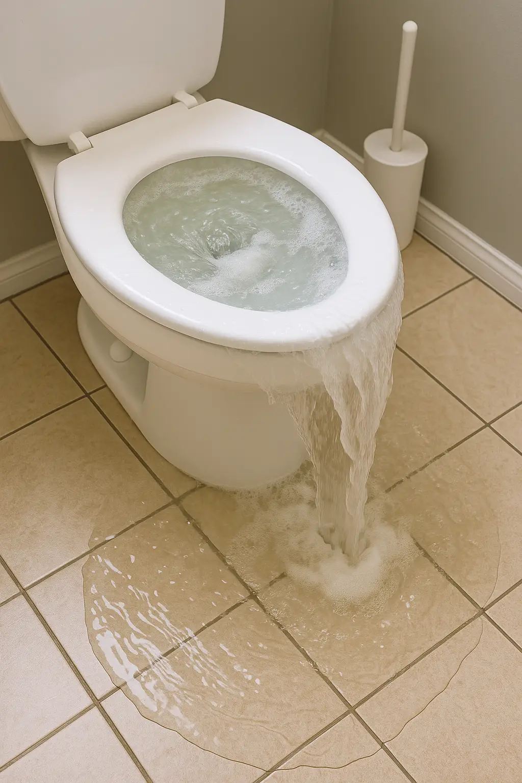 Inodoro blanco atascado desbordando agua sobre el suelo de baldosas del baño, mostrando una situación de atasco grave