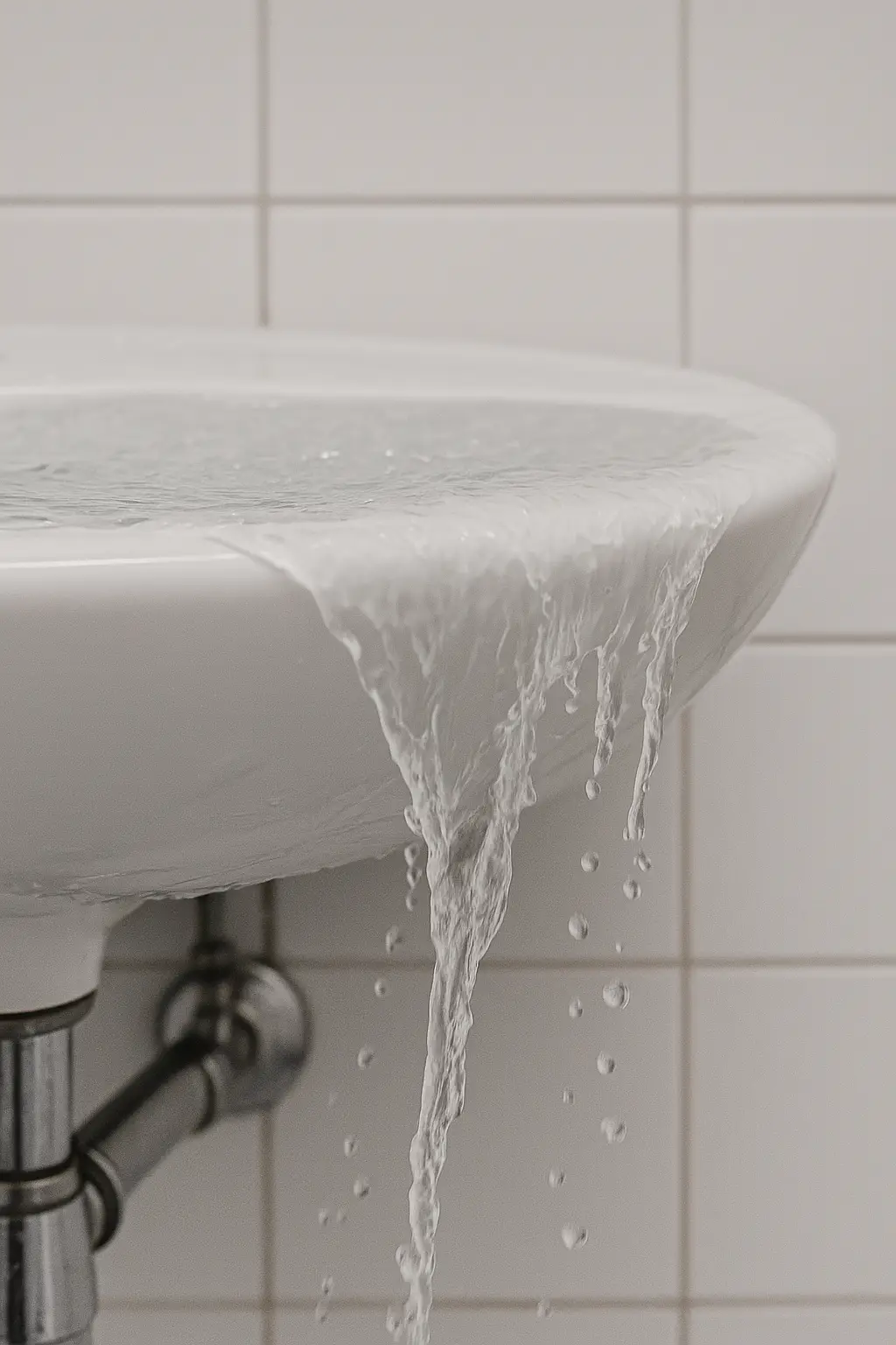 Primer plano de un lavabo blanco desbordado, con el agua cayendo por el borde como cascada, símbolo de un desatasco que se ha ido de las manos