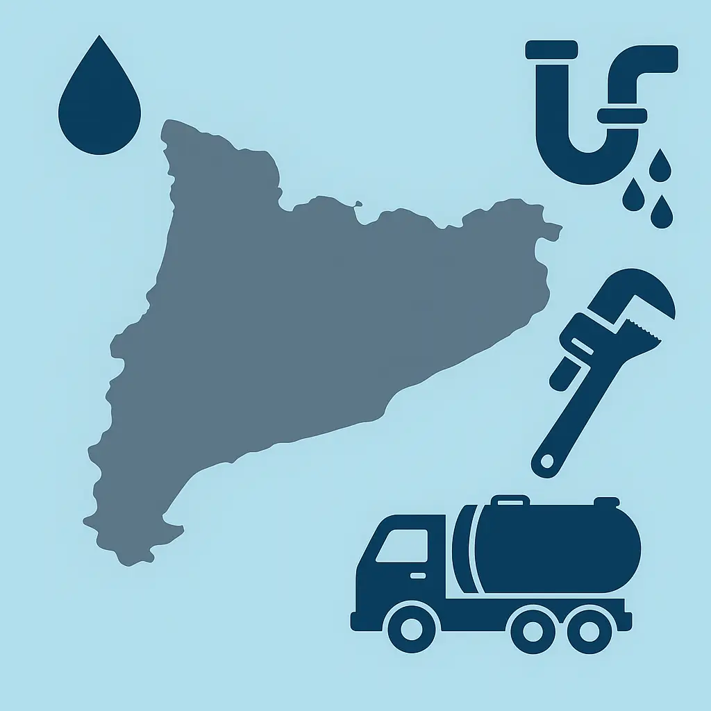 Ilustración plana de un mapa de Cataluña en gris con una gota de agua, una tubería con fugas, una llave inglesa y un camión cuba que representan servicios de desatascos en la región