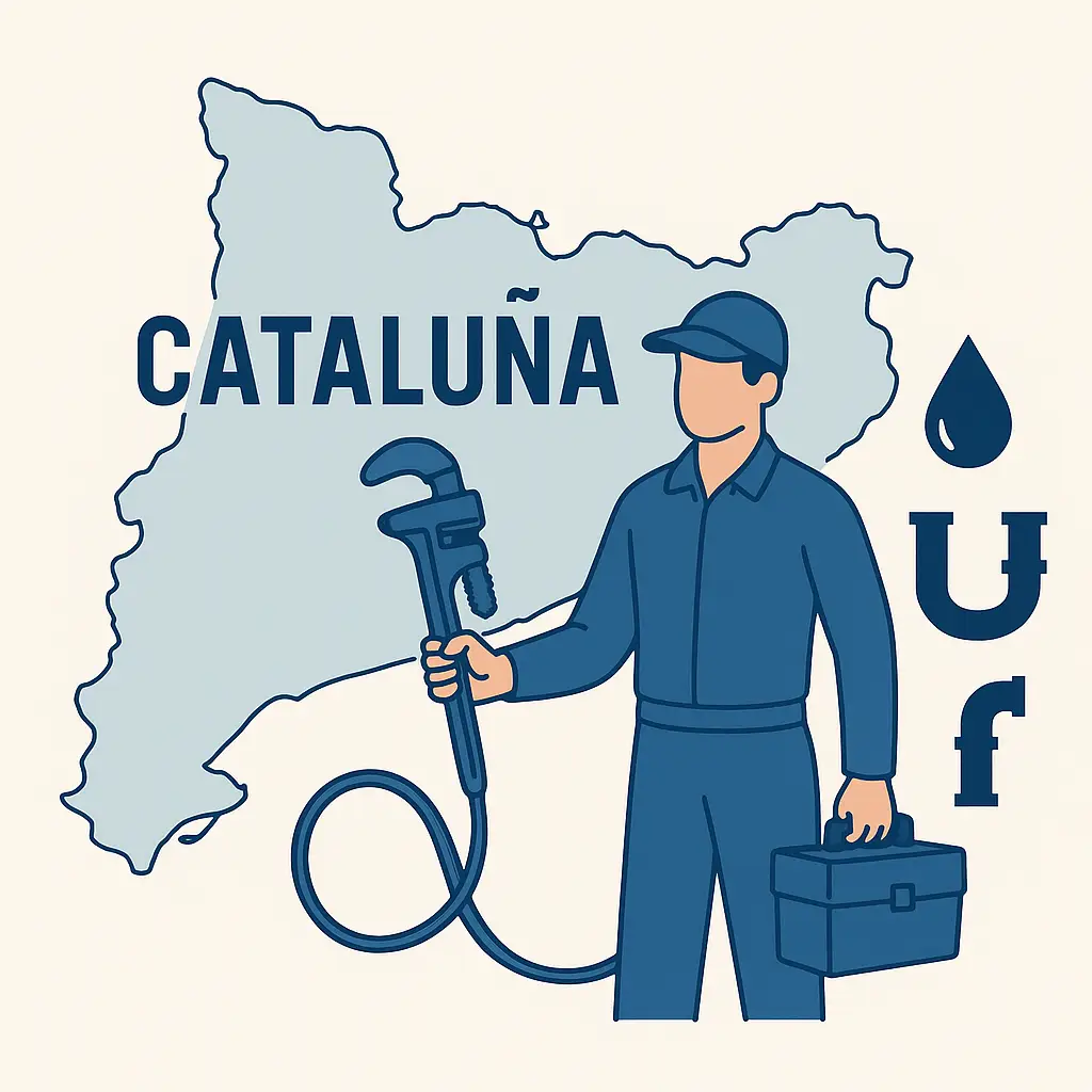 Ilustración de un técnico de desatascos con llave inglesa y caja de herramientas delante de un mapa de Cataluña y símbolos de tuberías